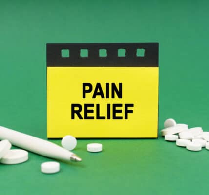 Graphic with a sign reading "PAIN RELIEF" surrounded by pills and a pen.