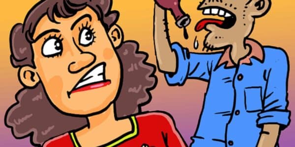 An illustration of a man and woman drinking.