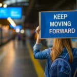 Photo of a woman from behind in a subway station wearing a backpack and holding up a sign the reads "KEEP MOVING FORWARD"