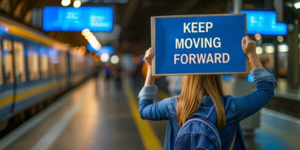 Photo of a woman from behind in a subway station wearing a backpack and holding up a sign the reads "KEEP MOVING FORWARD"