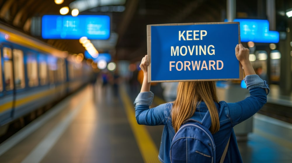 Photo of a woman from behind in a subway station wearing a backpack and holding up a sign the reads "KEEP MOVING FORWARD"