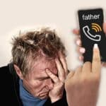 An image of a distressed-looking older man and a woman's hand holding a smartphone with the word "father" showing on the screen as a contact.