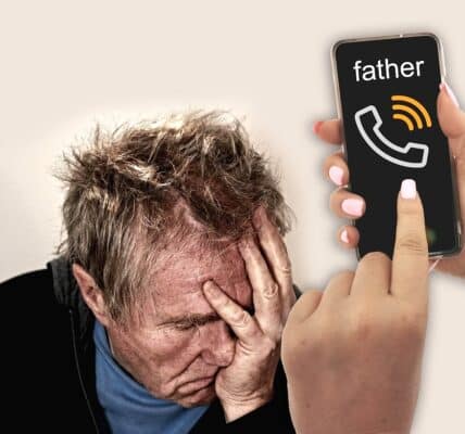 An image of a distressed-looking older man and a woman's hand holding a smartphone with the word "father" showing on the screen as a contact.