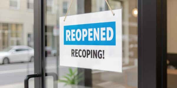 Photo of a small business recovery sign on glass door with reopened message