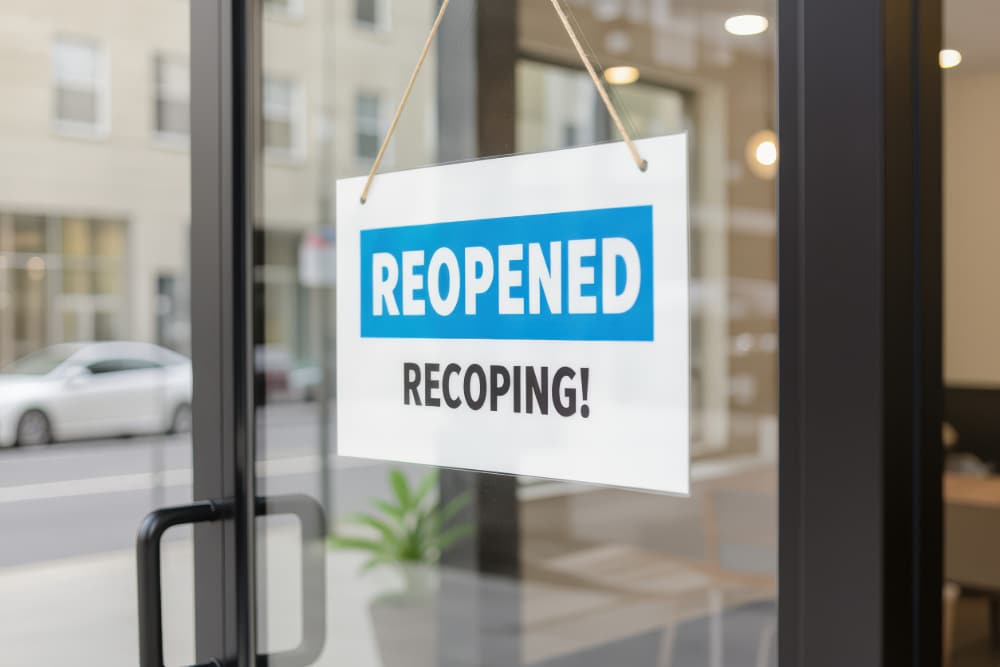 Photo of a small business recovery sign on glass door with reopened message