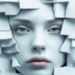 Ethereal photograph of a young woman's face surrounded by paper squares.
