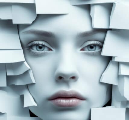 Ethereal photograph of a young woman's face surrounded by paper squares.