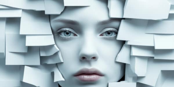 Ethereal photograph of a young woman's face surrounded by paper squares.