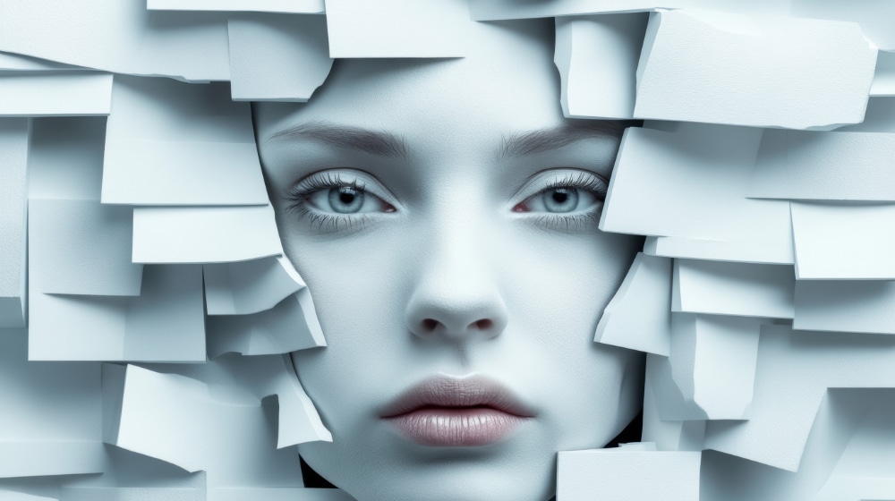 Ethereal photograph of a young woman's face surrounded by paper squares.
