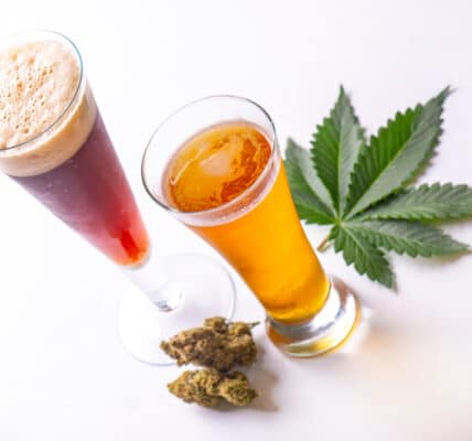 Photo of cold glasses of beer and cider with cannabis leaf isolated over white, THC-infused beverage concept