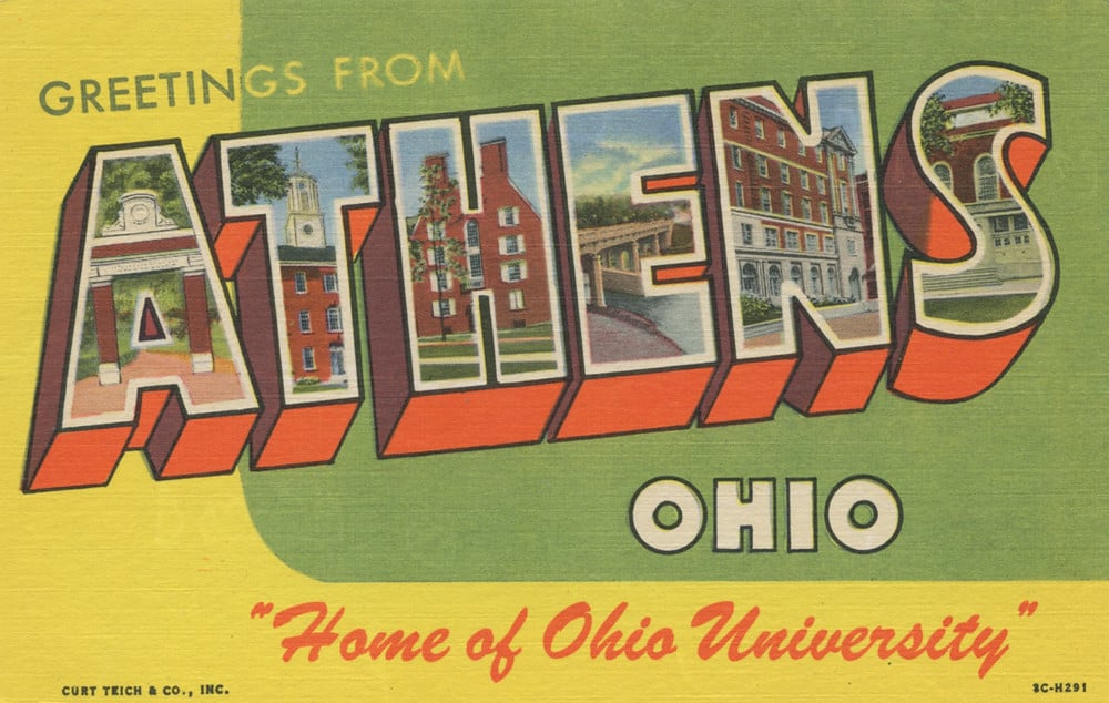 Vintage postcard of Athens, Ohio, "Home of Ohio University."