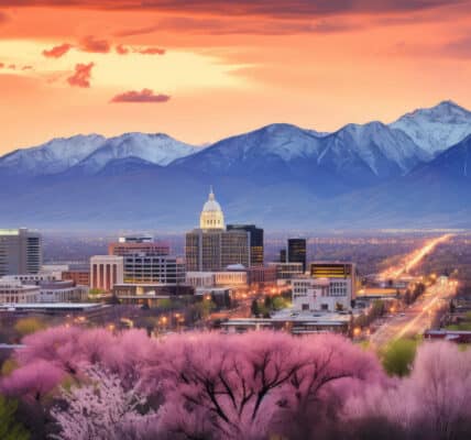 Photograph of Salt Lake City, Utah, from a distance with mountains in the background.