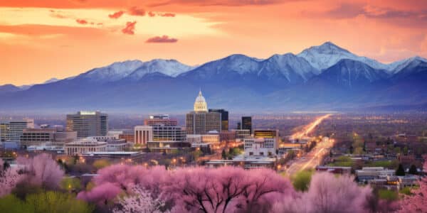 Photograph of Salt Lake City, Utah, from a distance with mountains in the background.