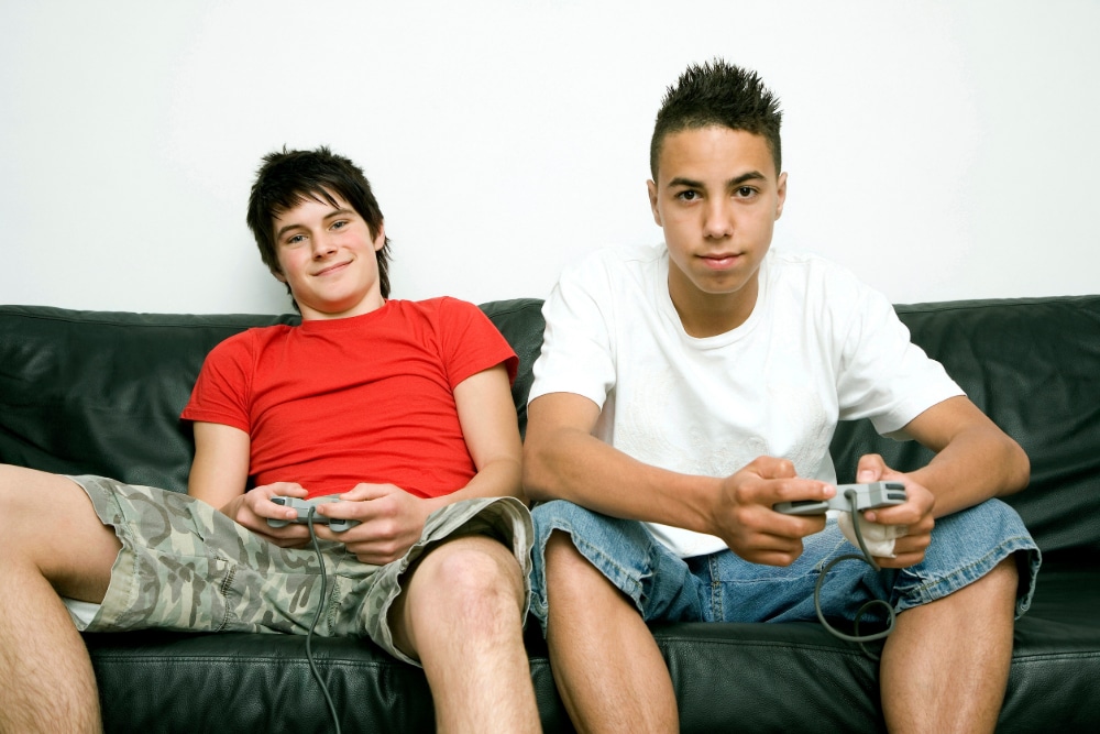 Photograph of two teenage boys holding video game controllers.