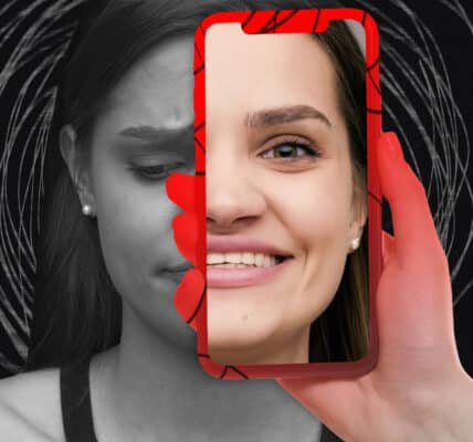 Split image of woman's face, sad on one side, happy on the other, through red phone frame. Concept of negative and positive influence of social networks on people.