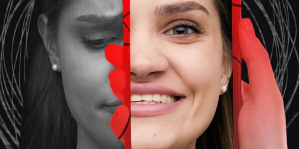 Split image of woman's face, sad on one side, happy on the other, through red phone frame. Concept of negative and positive influence of social networks on people.