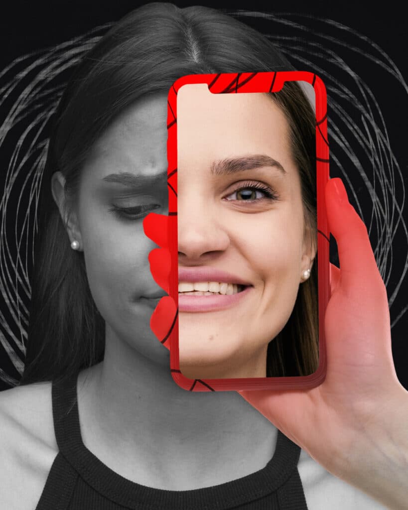 Split image of woman's face, sad on one side, happy on the other, through red phone frame. Concept of negative and positive influence of social networks on people.