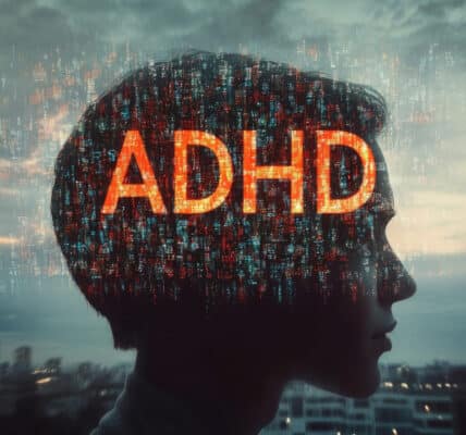 Silhouette of male child with ADHD text overlay, cityscape background