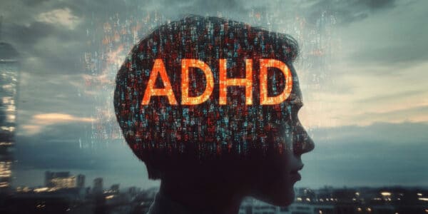 Silhouette of male child with ADHD text overlay, cityscape background