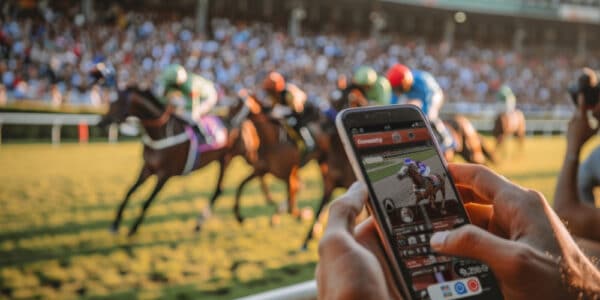Photo of a spectator betting live horse racing on a smartphone, with the race in soft focus and showing the phone's screen.