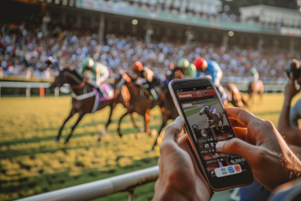 Photo of a spectator betting live horse racing on a smartphone, with the race in soft focus and showing the phone's screen.
