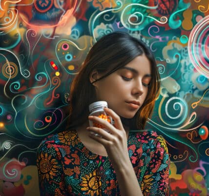 Pensive woman holding a pill bottle, surrounded by swirling stress symbols and abstract brain patterns.