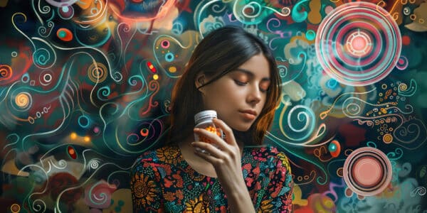 Pensive woman holding a pill bottle, surrounded by swirling stress symbols and abstract brain patterns.
