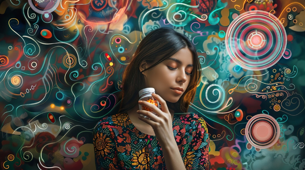 Pensive woman holding a pill bottle, surrounded by swirling stress symbols and abstract brain patterns.