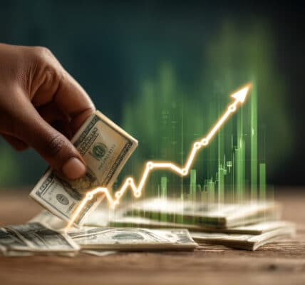 Photo of a hand holding U.S. currency with a superimposed growth chart symbolizing the growth in gambling.