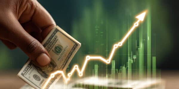 Photo of a hand holding U.S. currency with a superimposed growth chart symbolizing the growth in gambling.