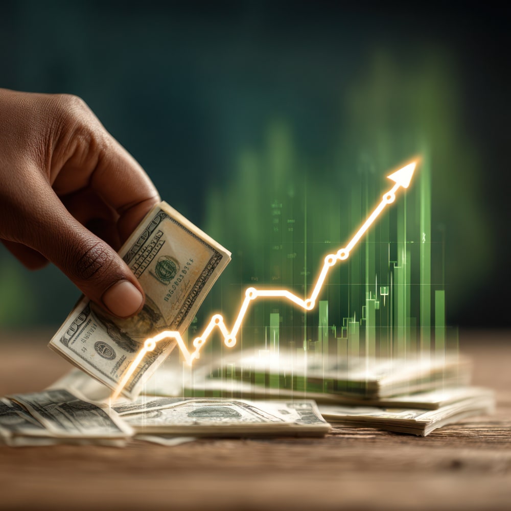Photo of a hand holding U.S. currency with a superimposed growth chart symbolizing the growth in gambling.
