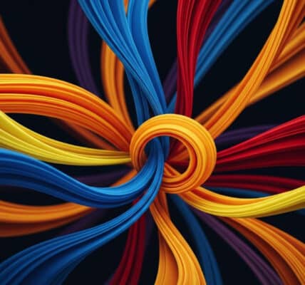 Colorful twisted ribbons on black background.