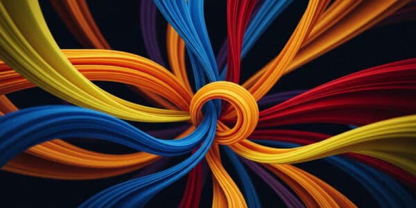 Colorful twisted ribbons on black background.
