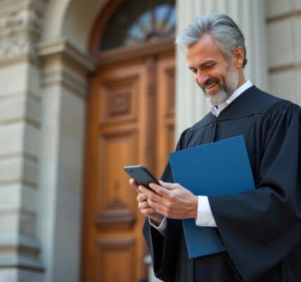 photo of a smiling judge looking at his smartphone on the courthouse steps.