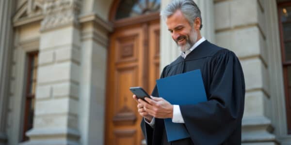 photo of a smiling judge looking at his smartphone on the courthouse steps.