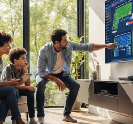 Cinematic wide-shot of a diverse family (father, mother, son) in a spacious, sunlit living room, watching election results on a large screen TV.