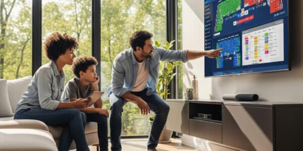 Cinematic wide-shot of a diverse family (father, mother, son) in a spacious, sunlit living room, watching election results on a large screen TV.