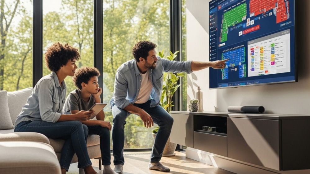 Cinematic wide-shot of a diverse family (father, mother, son) in a spacious, sunlit living room, watching election results on a large screen TV.