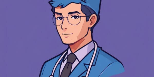 Illustration of the bust of a doctor wearing a uniform and hat, with a stethoscope around his neck, similar to an agentic AI avatar.
