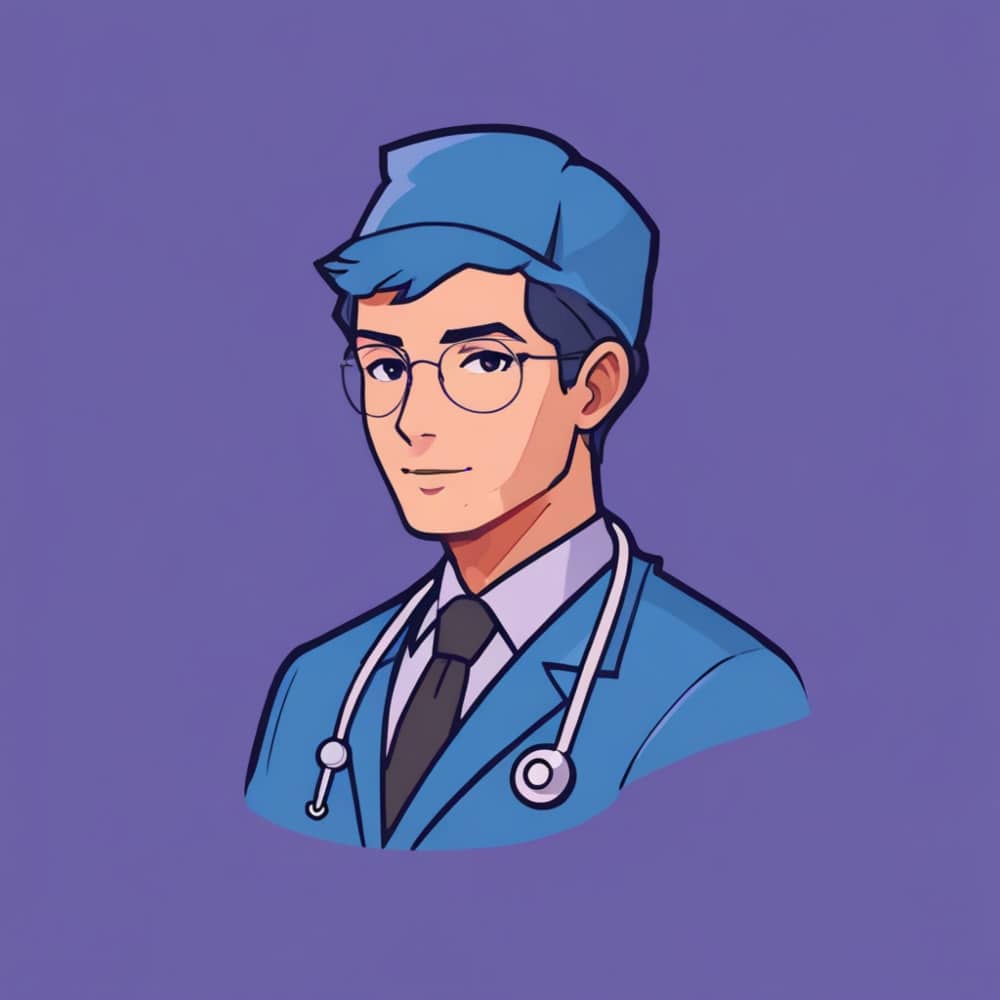 Illustration of the bust of a doctor wearing a uniform and hat, with a stethoscope around his neck, similar to an agentic AI avatar.