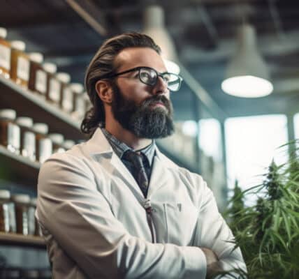 Photo of a doctor or pharmacist in a shop that features living marijuana plants and various extracts on shelves.