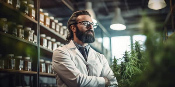 Photo of a doctor or pharmacist in a shop that features living marijuana plants and various extracts on shelves.