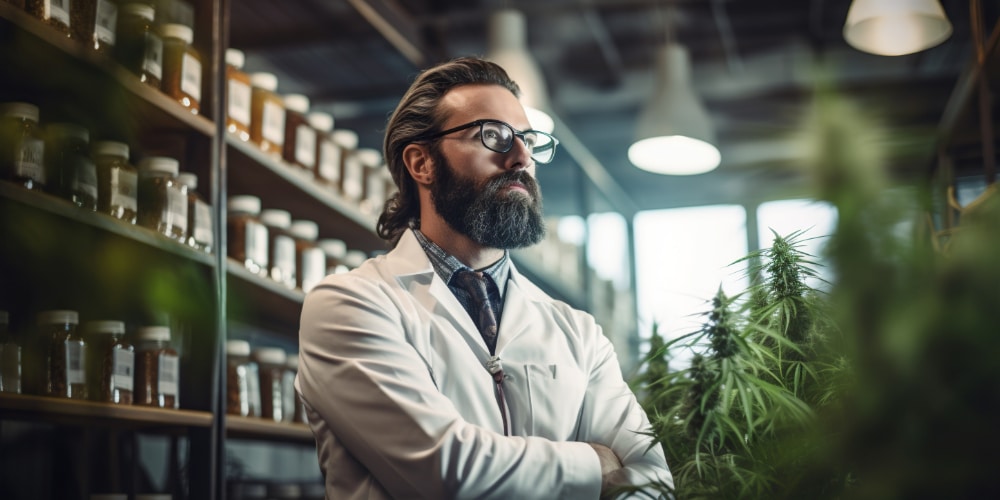 Photo of a doctor or pharmacist in a shop that features living marijuana plants and various extracts on shelves.