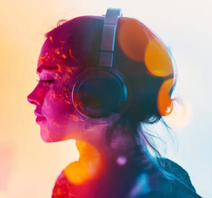 Psychedelic photograph of a woman wearing headphones and listening to music with a contemplative look on her face.