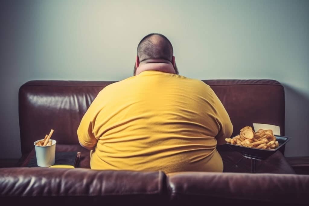 Photo of an obese man sitting on the couch eating fast food.