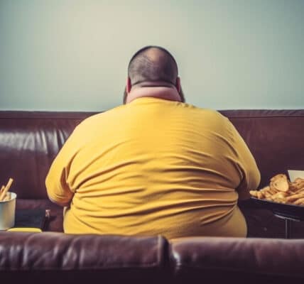 Photo of an obese man sitting on the couch eating fast food.