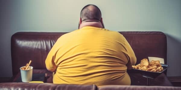 Photo of an obese man sitting on the couch eating fast food.