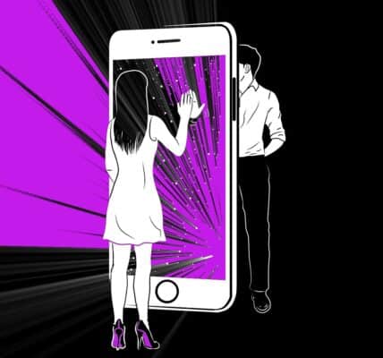 An illustration or a man and a woman standing on the opposite sides of a human-sized smartphone.