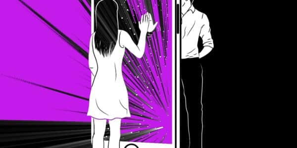 An illustration or a man and a woman standing on the opposite sides of a human-sized smartphone.