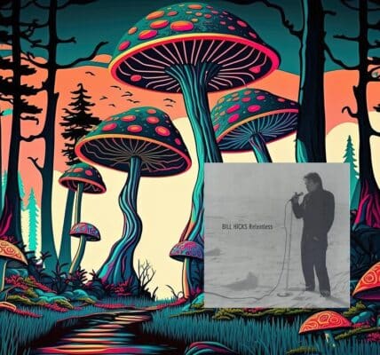 Comedian Bill Hicks against the background of a field of mushrooms.